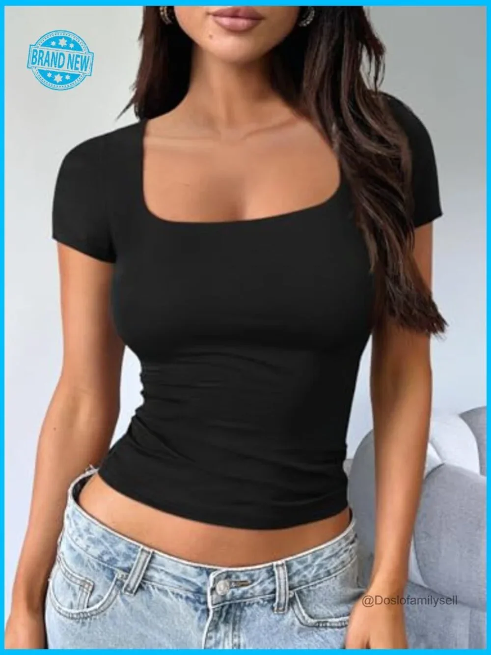 Double Lined Short Sleeve Crop Top Square Neck Slim Fit Tee Y2K Top